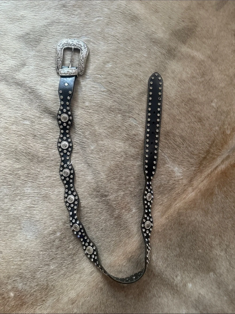 Studded Black Western Leather Belt with Silver Conchos in excellent condition